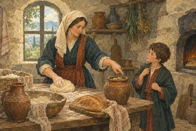 ცომიანი ხელებით დიასახლისი მეზობლის ბავშვს მარილის ქოთანზე მიუთითებს.