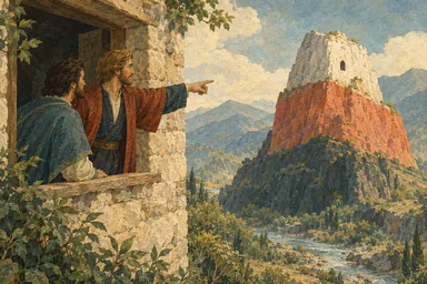 მასპინძელი ვაჟს თეთრ, წითელ და მუქ კლდეზე მიუთითებს.
