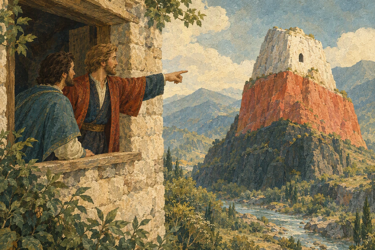 მასპინძელი ვაჟს თეთრ, წითელ და მუქ კლდეზე მიუთითებს.