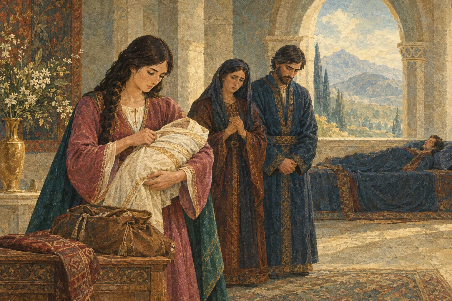 ედემ-მარიამი ბავშვს გზისთვის ახვევს, სასახლეში ახლობლები დარდობენ.