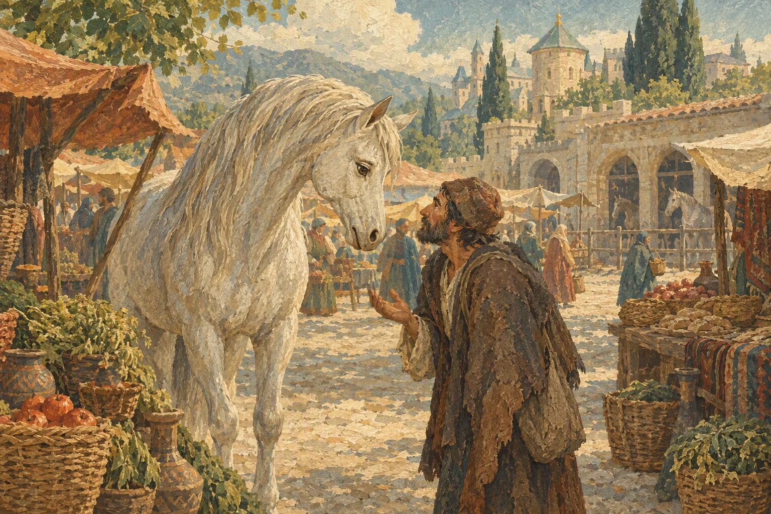 ცხენად ქცეული ჭაბუკი ბაზარში ღარიბ კაცს ესაუბრება.