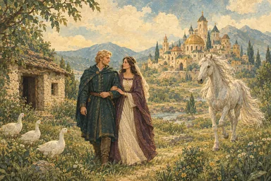 სასახლესთან ჭაბუკი და მისი მეუღლე თავისუფლად მოსულ რაშს ხვდებიან.