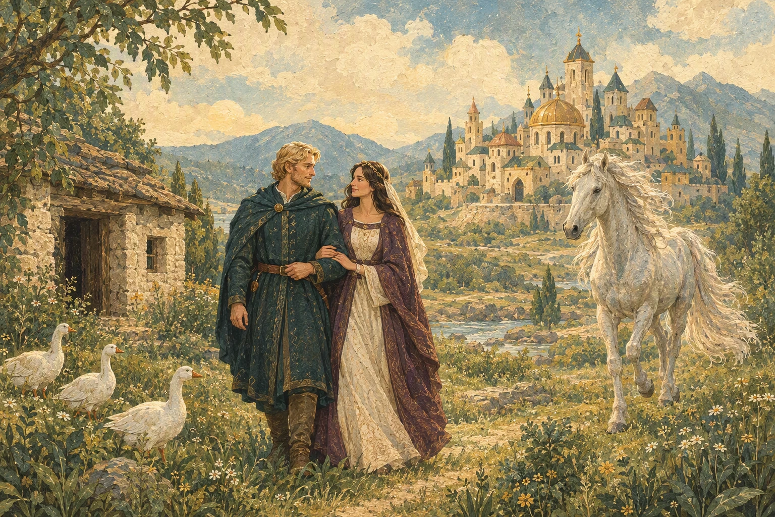 სასახლესთან ჭაბუკი და მისი მეუღლე თავისუფლად მოსულ რაშს ხვდებიან.