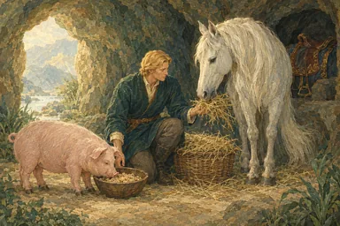 ჭაბუკი რაშს თივას უდებს, ღორს კი სალაფავს უნაწილებს.