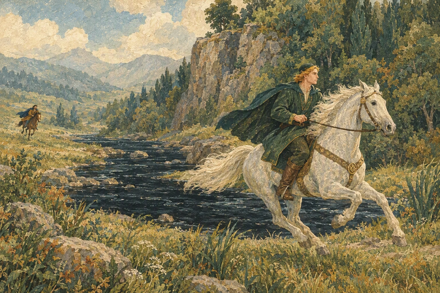 რაშზე ამხედრებული ჭაბუკის უკან მელნისგან ფართო მდინარე ჩნდება.