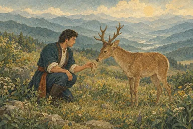 ვაჟი მინდორში ირმს ხვდება და მთებისკენ იყურება.