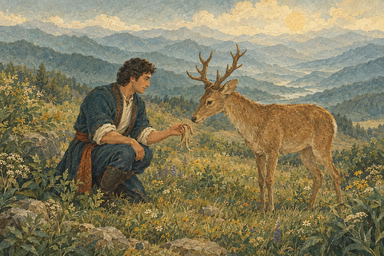 ვაჟი მინდორში ირმს ხვდება და მთებისკენ იყურება.