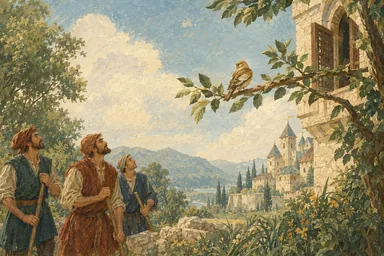 თავისუფალი სკვინჩა ტოტზე ზის და სასახლეს გადაჰყურებს.
