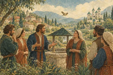 სოფლის მცხოვრებლები ერთმანეთს ესაუბრებიან, სკვინჩა მათ ზემოთ დაფრინავს.