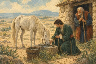 ჭაბუკი მოხუცის დასუსტებულ ცხენს წყალსა და ბალახს აძლევს.