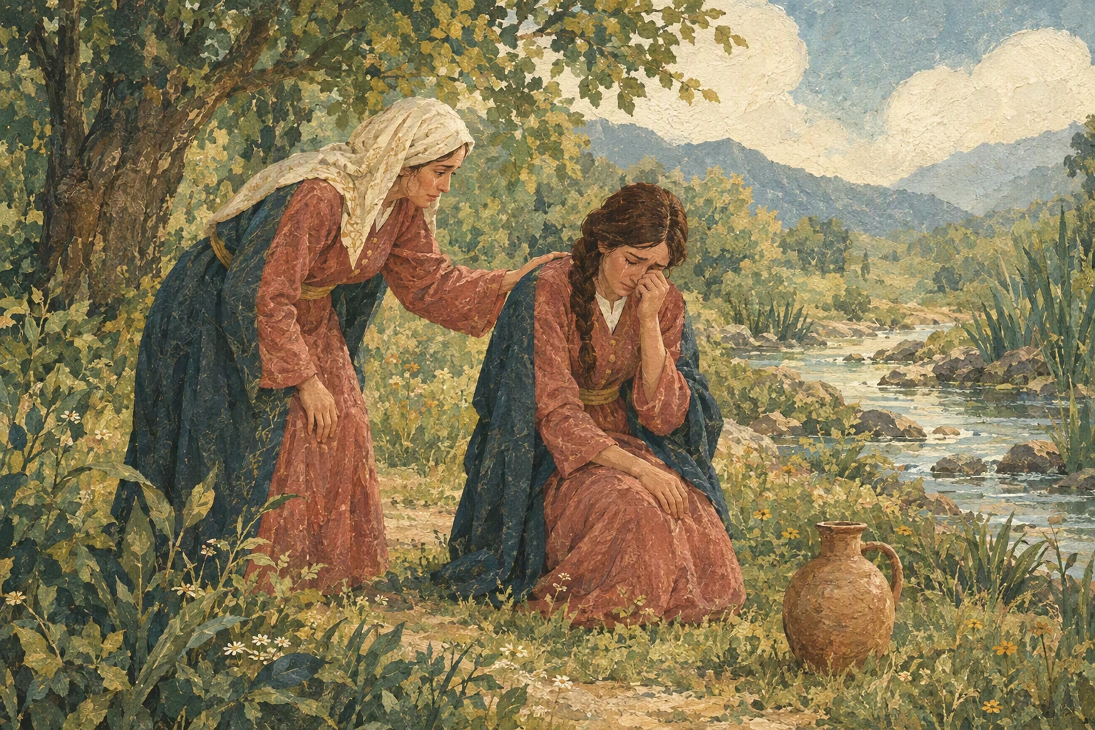 დედა ატირებულ ქალიშვილთან მიდის და მის გვერდით ჩერდება.