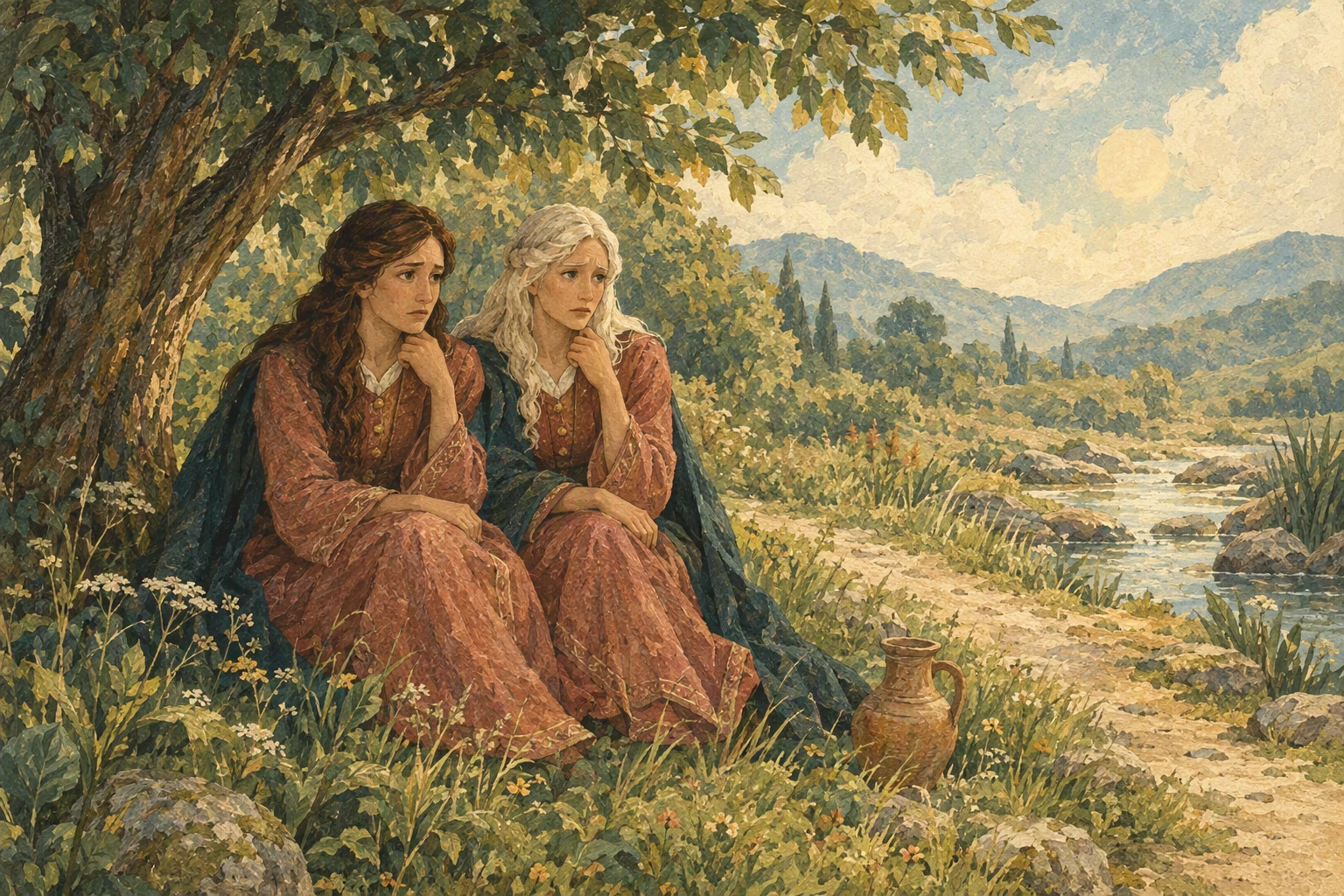 დედა და ქალიშვილი ხის ქვეშ ერთად სხედან და ტირიან.