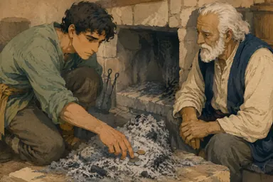 ვაჟი ცივ ბუხართან მონეტებისკენ იხრება.