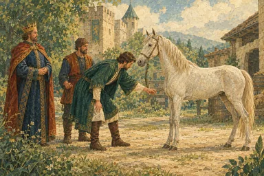 ვაჟი გამხდარ ცხენს აკვირდება, მეფე პასუხს ელოდება.