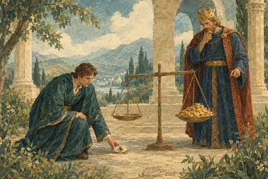 ვაჟი უცნაურ თვალს სასწორის გვერდით მიწას ახებს.