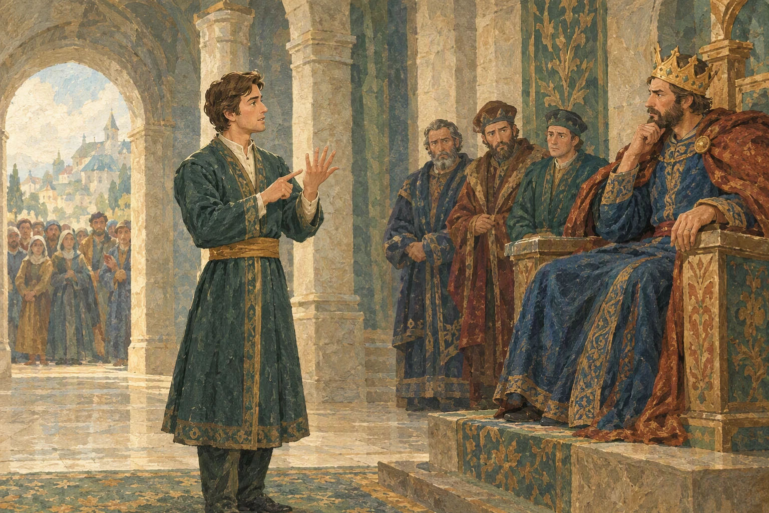 ვაჟი სამეფო დარბაზში მეფეს საკუთარ ამბავს ახსენებს.