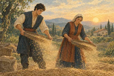 დედა და ვაჟი კალოზე მარცვალს ანიავებენ.
