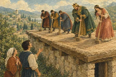 მეფე და ვეზირები სახლის ბანზე მიწას ტკეპნიან.