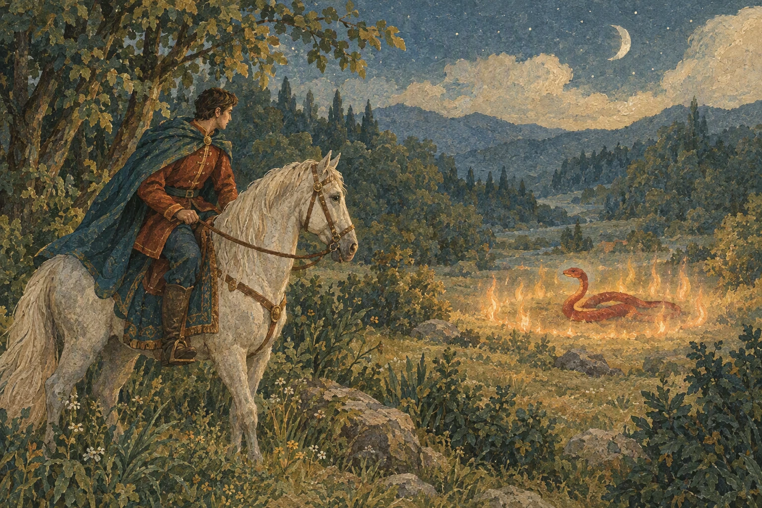 ტყის პირას ჭაბუკი ცეცხლში მოქცეულ წითელ გველს ამჩნევს.