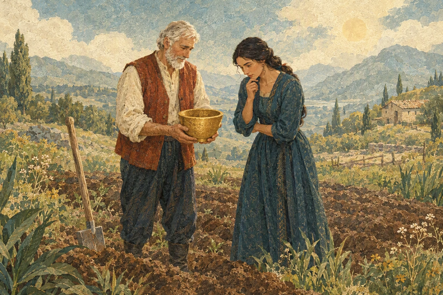 გლეხი მიწიდან ამოღებულ ოქროს როდინს ქალიშვილს აჩვენებს.