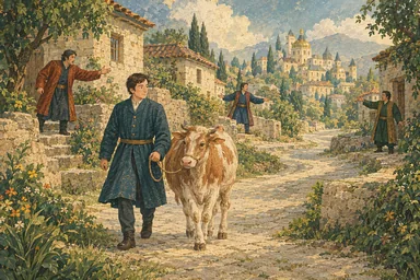ბიჭი დეკეულს ქალაქში მიუძღვის, გზაზე სამი ძმა სხვადასხვა ადგილას დგას.