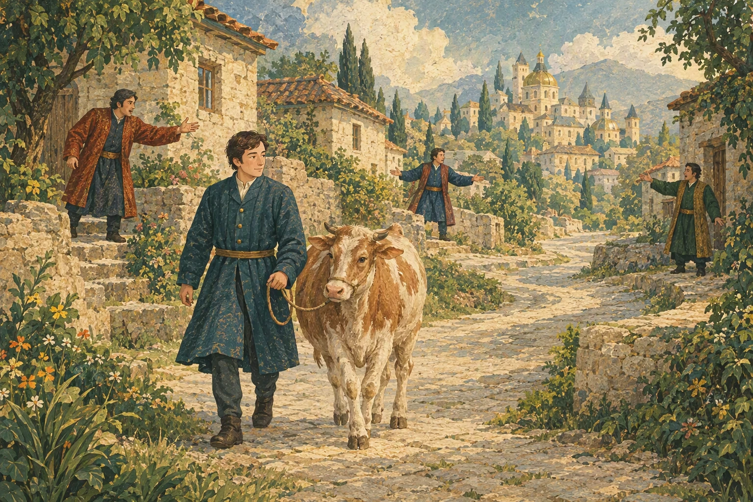 ბიჭი დეკეულს ქალაქში მიუძღვის, გზაზე სამი ძმა სხვადასხვა ადგილას დგას.