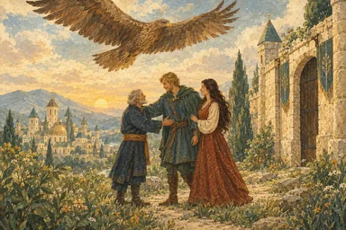 მონადირე ვაჟსა და მის თანამგზავრს ხვდება, ცაში არწივი ჩნდება.