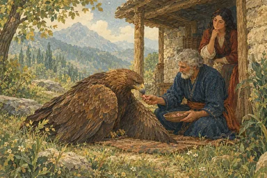 მონადირე არწივს საკვებს უზიარებს, მისი მეუღლე გვერდით დგას.