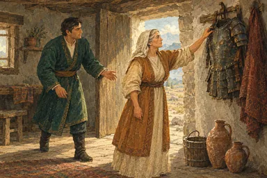 დედა ძველ აბჯარს სწვდება, ვაჟი კი მის დახმარებას ცდილობს.