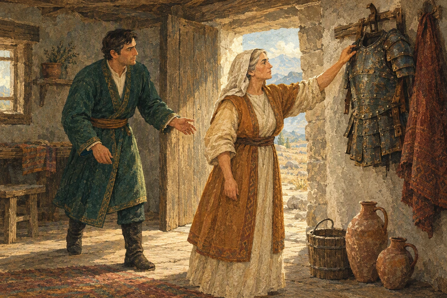 დედა ძველ აბჯარს სწვდება, ვაჟი კი მის დახმარებას ცდილობს.