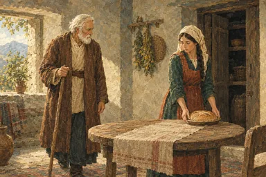 ხანდაზმული კაცი რძალს სტუმრობს, ქალი კი მშრალ პურს ამზადებს.