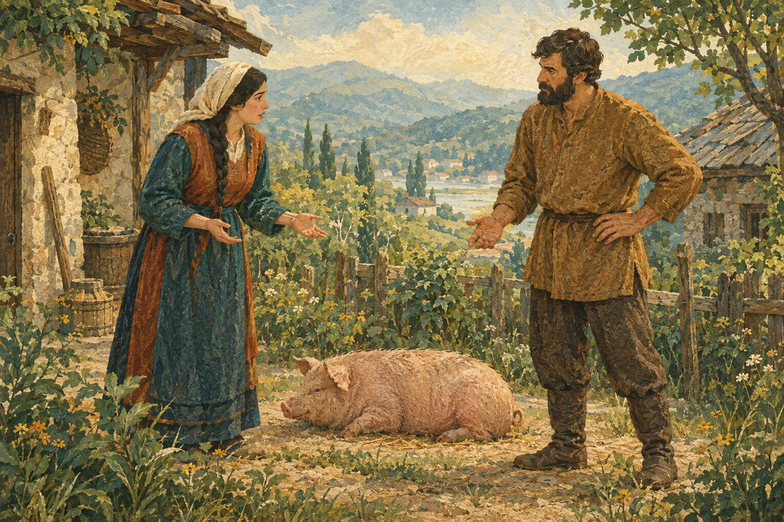 რძალი და მაზლი ეზოში ღორის შენახვაზე საუბრობენ.