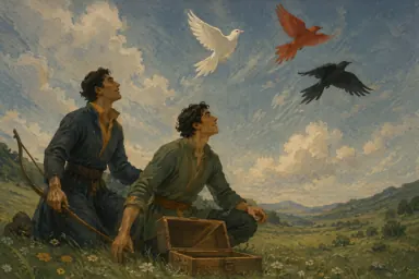 ღია ზარდახშიდან თეთრი, წითელი და შავი ჩიტი თავისუფლდება.