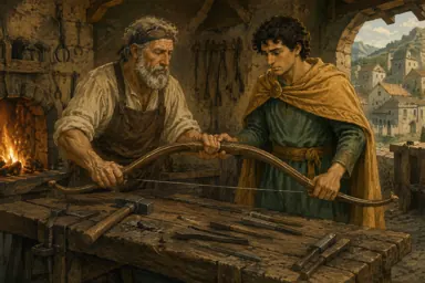 მჭედელი უფლისწულს მტკიცე მშვილდს აჩვენებს.