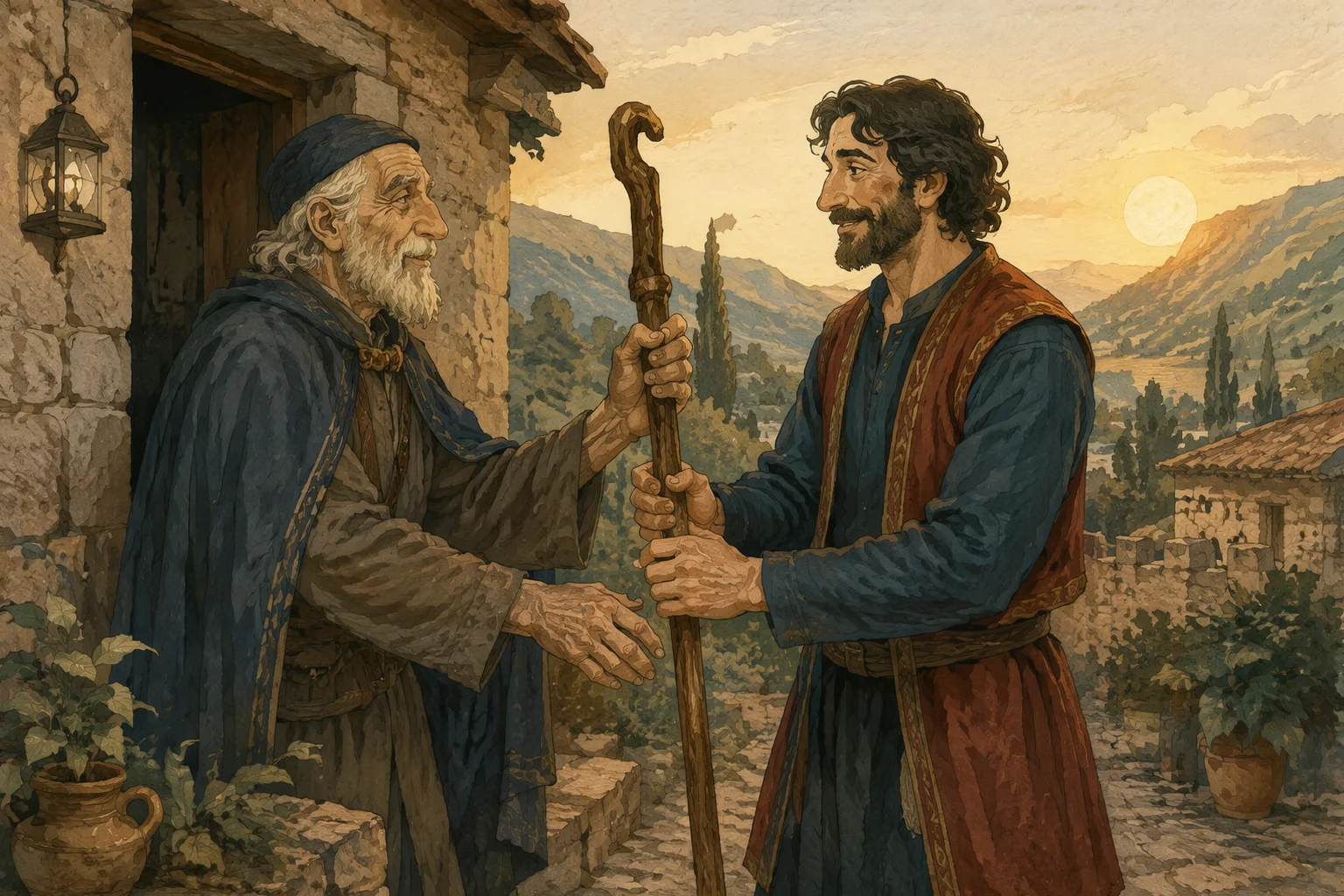 მოხუცი კომბლეს ხის კომბალს უწვდის.
