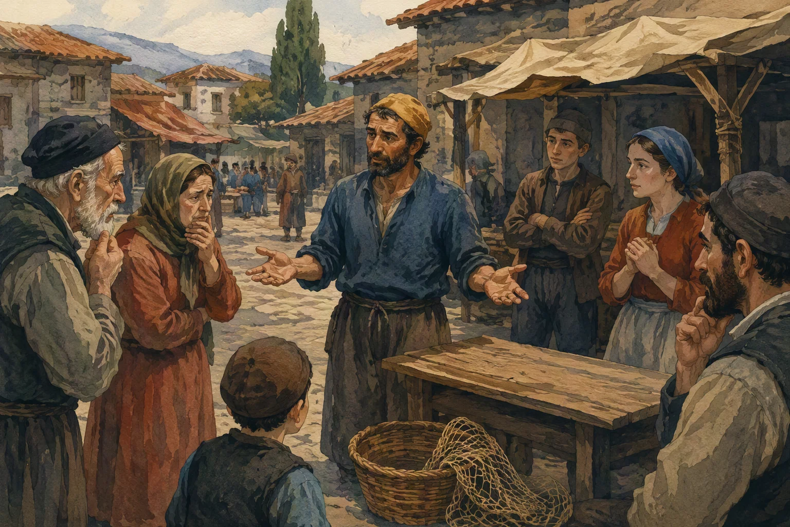 მეთევზე ბაზარში მყიდველებს ბოდიშს უხდის.