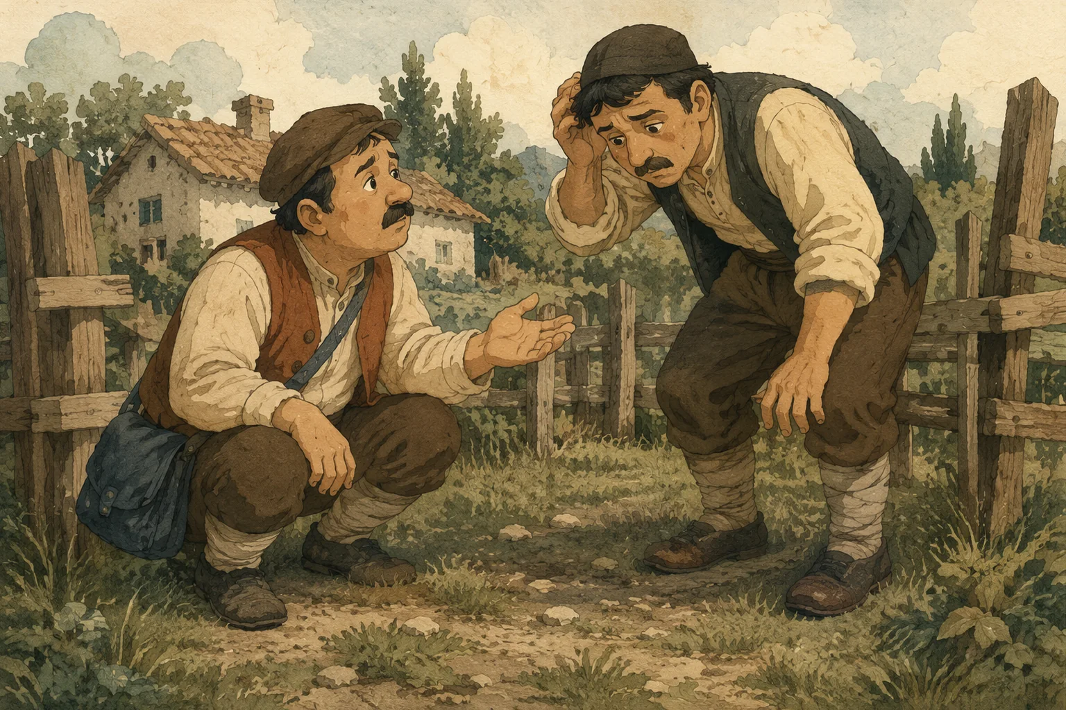 ღობესთან მოხრილ მგზავრს ქისის პატრონი კითხვით აჩერებს.