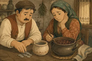 კაცი მონეტებს მაგიდაზე აწყობს, ცოლი კი ცარიელ სამარილეს უყურებს.