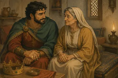 მეფე დედის გვერდით ზის და მის მონათხრობს უსმენს.