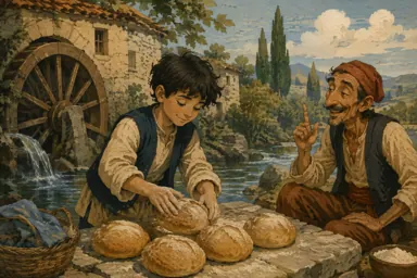 ბიჭი კეციდან გადმოღებულ პურებს აგრილებს.