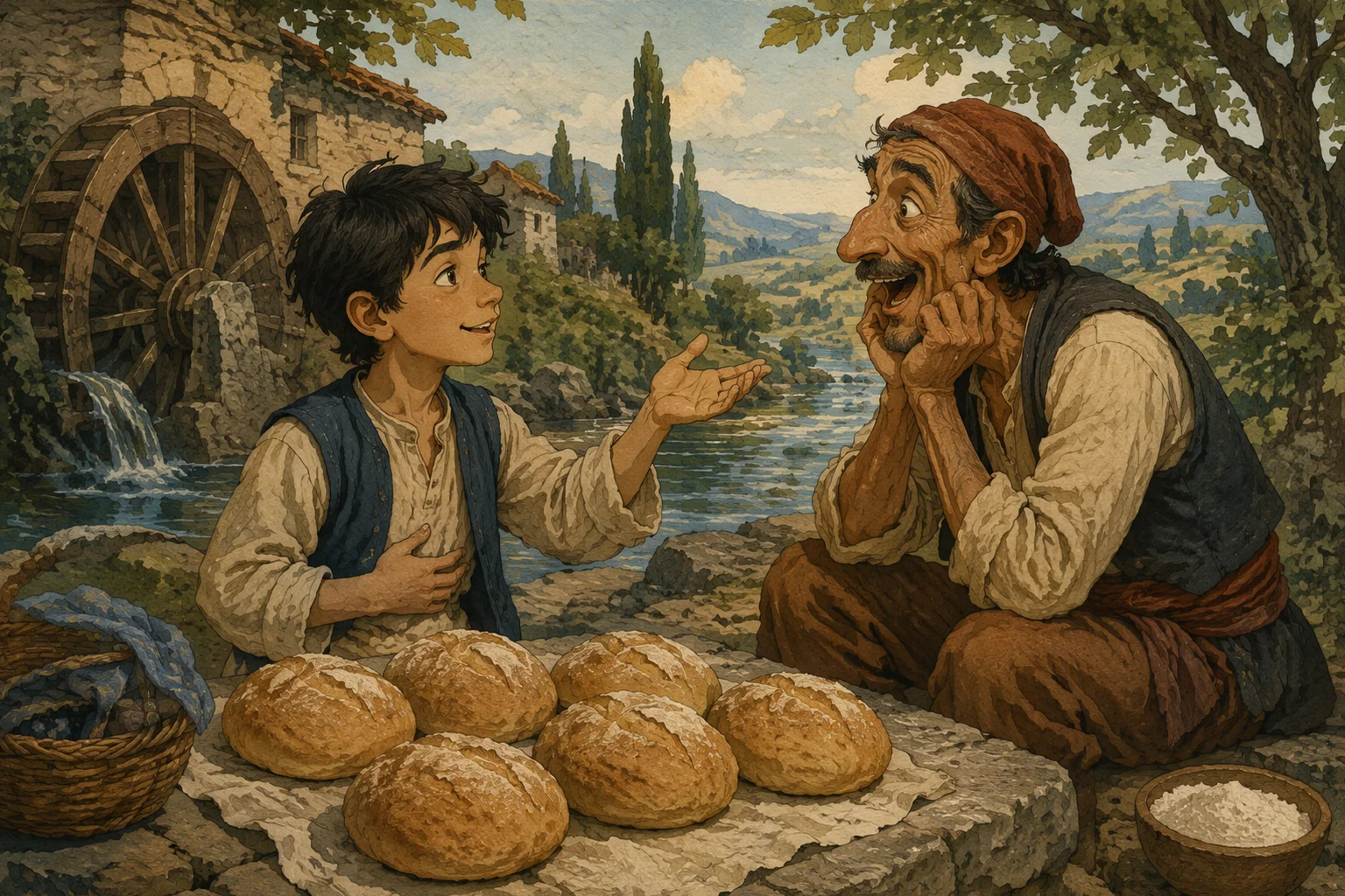 ბიჭი პურებთან ღიმილით ასრულებს მონათხრობს.