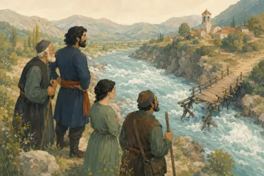 ოქრუა მგზავრებთან ერთად უსაფრთხო ადგილიდან ადიდებულ მდინარესა და დაზიანებულ გადასასვლელს აკვირდება.
