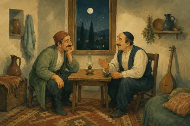 ორი ჩაცმული კაცი მთვარის შუქზე საუბრობს; მაგიდაზე ჩამქრალი ლამპაა.