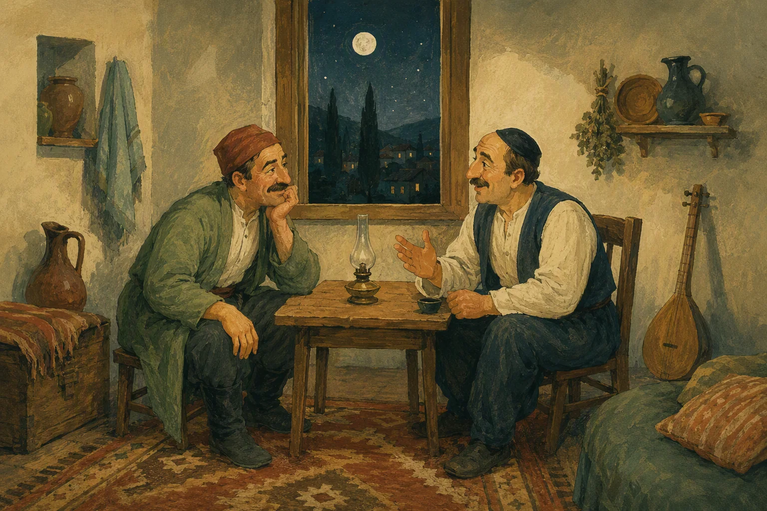 ორი ჩაცმული კაცი მთვარის შუქზე საუბრობს; მაგიდაზე ჩამქრალი ლამპაა.