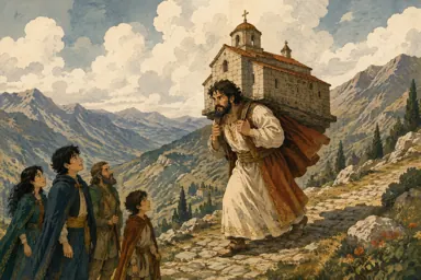 მღვდელს ზურგით პატარა ეკლესია მოაქვს.