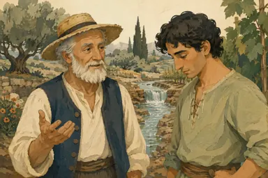 მოხუცი მეზობელს გაშლილი ხელით ესაუბრება.
