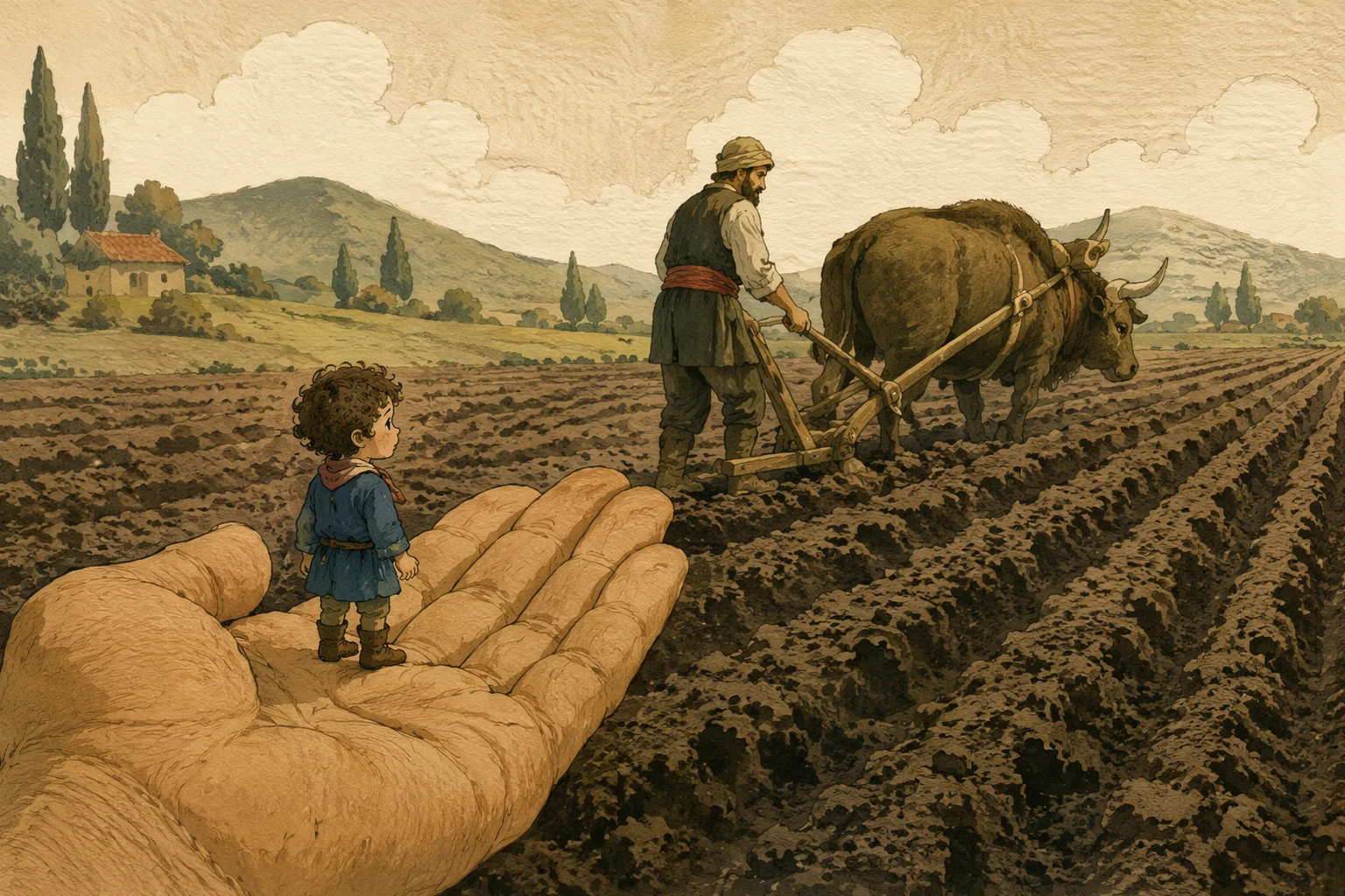 ცეროდენა დედის ხელისგულიდან დიდ გუთანს უყურებს.