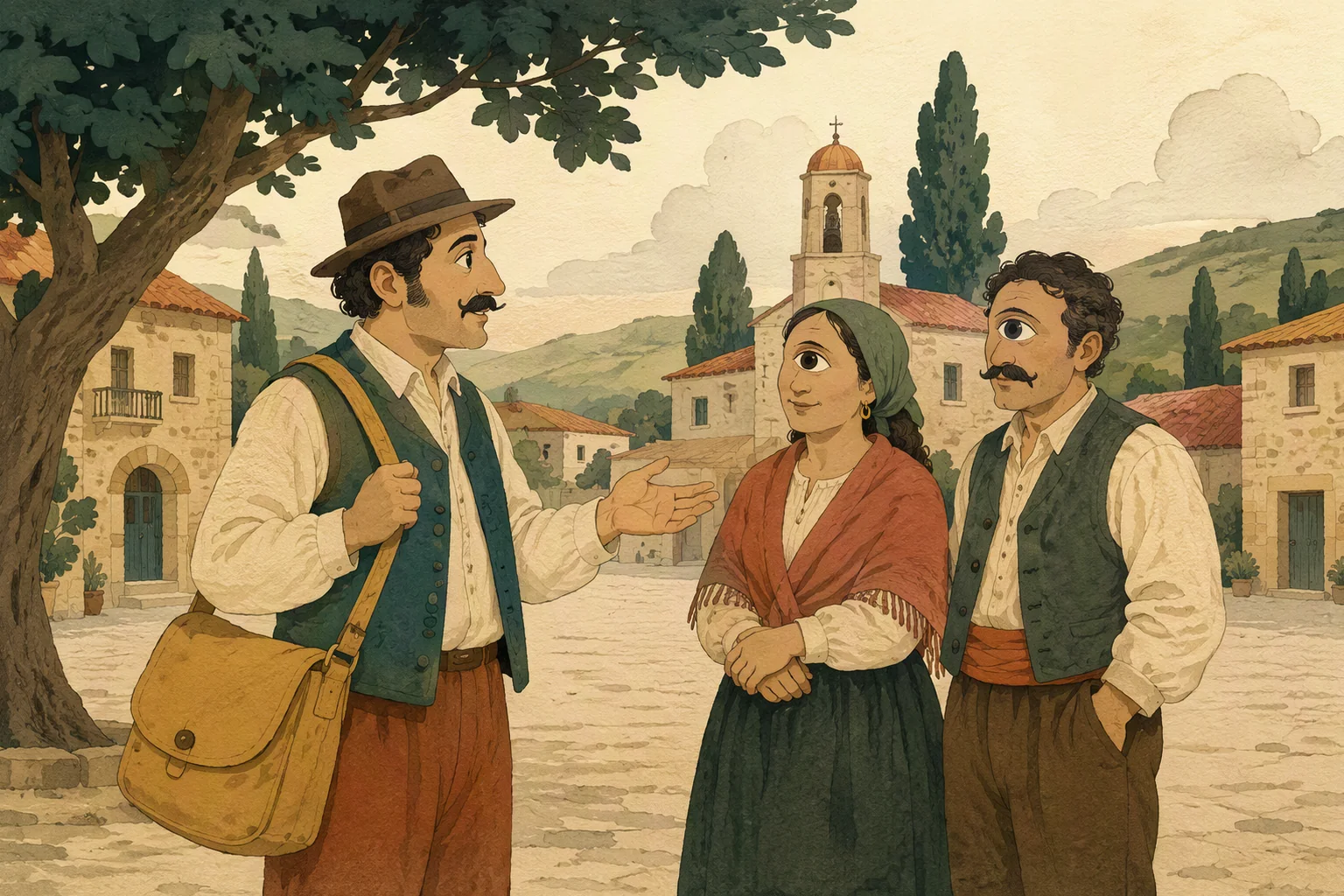 უქნარა ორ სოფლელს ხელის გაშლით მიმართავს.