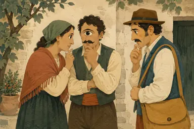 ორი სოფლელი ერთმანეთს ესაუბრება, სტუმარს კი ღიმილი უქრება.