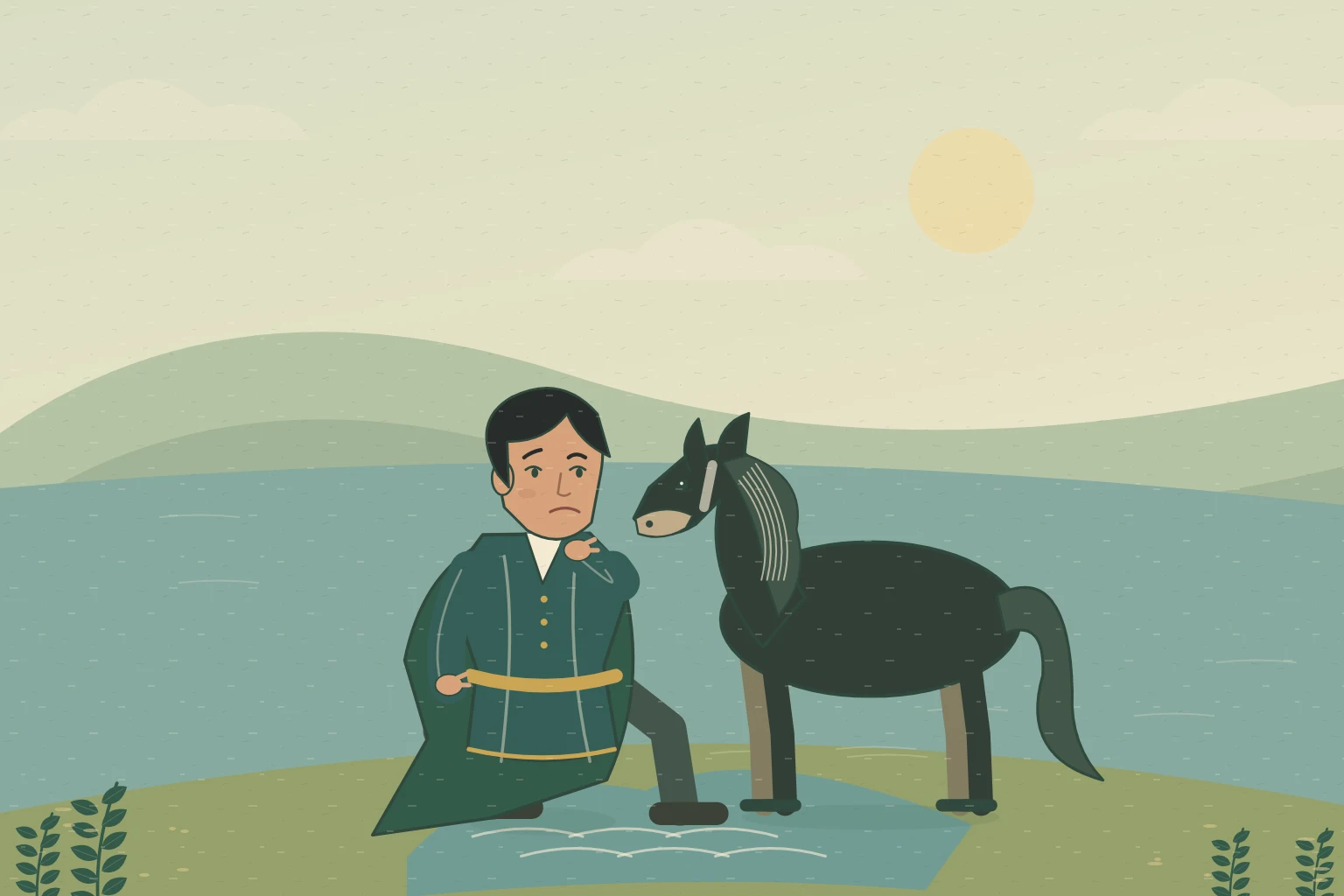 ტარიელი შავ რაშთან ერთად ზღვის ნაპირზე დგას.